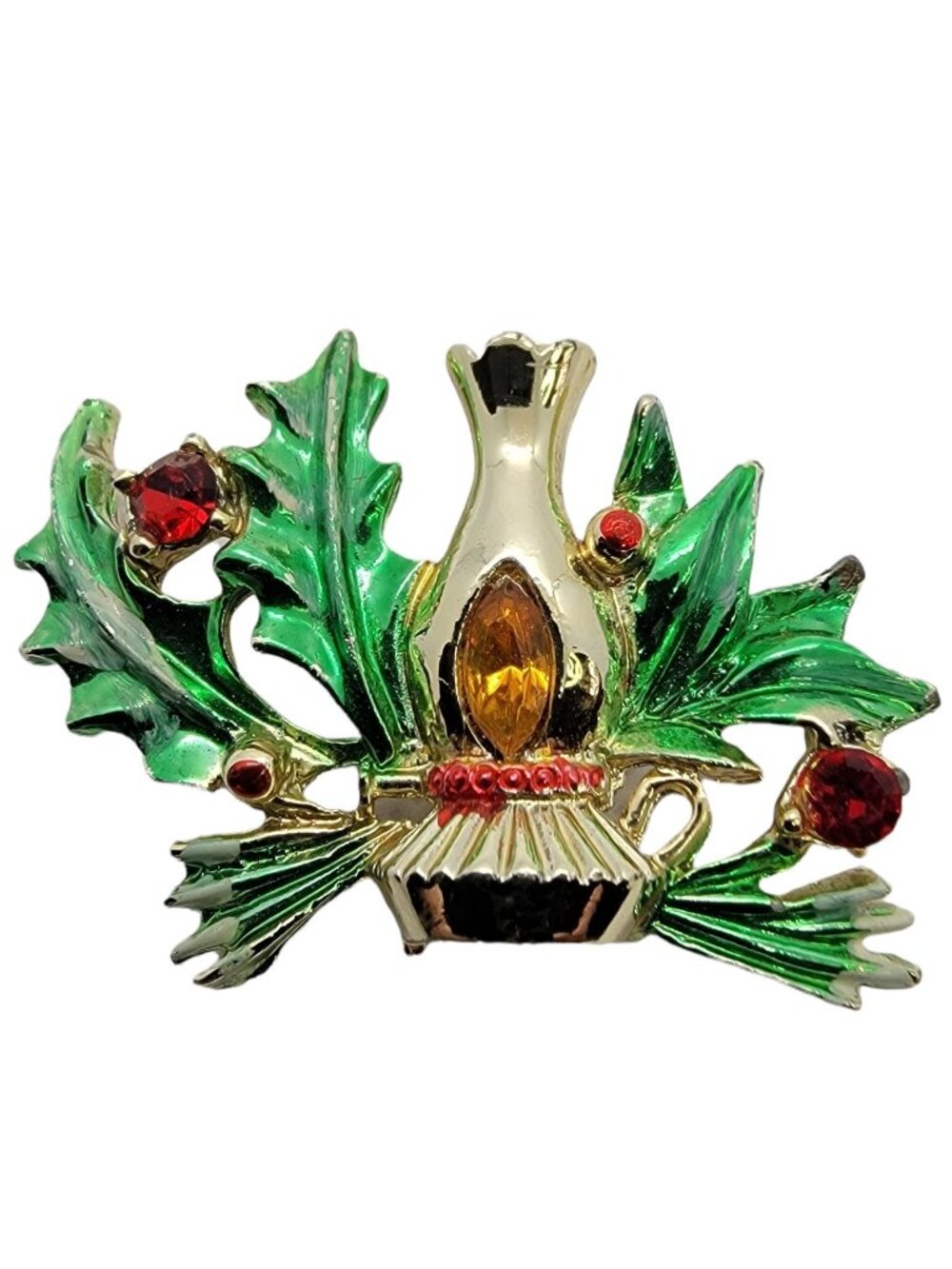 BJ Gold-Tone Christmas Lantern Holly Gold Rhinestone Brooch, Signed